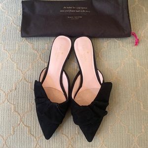 kate spade black suede pointed toe ruffled mules, size 7.5